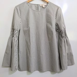 MICHAEL KORS Vertical Striped Blouse Bell Long Sleeve Brown Green White Medium
